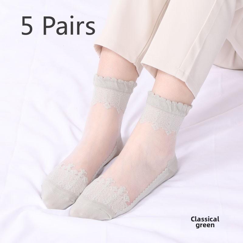 5 Pairs of Women's Spring Thin Mid Cylinder Cotton Sole Lace Lace Socks