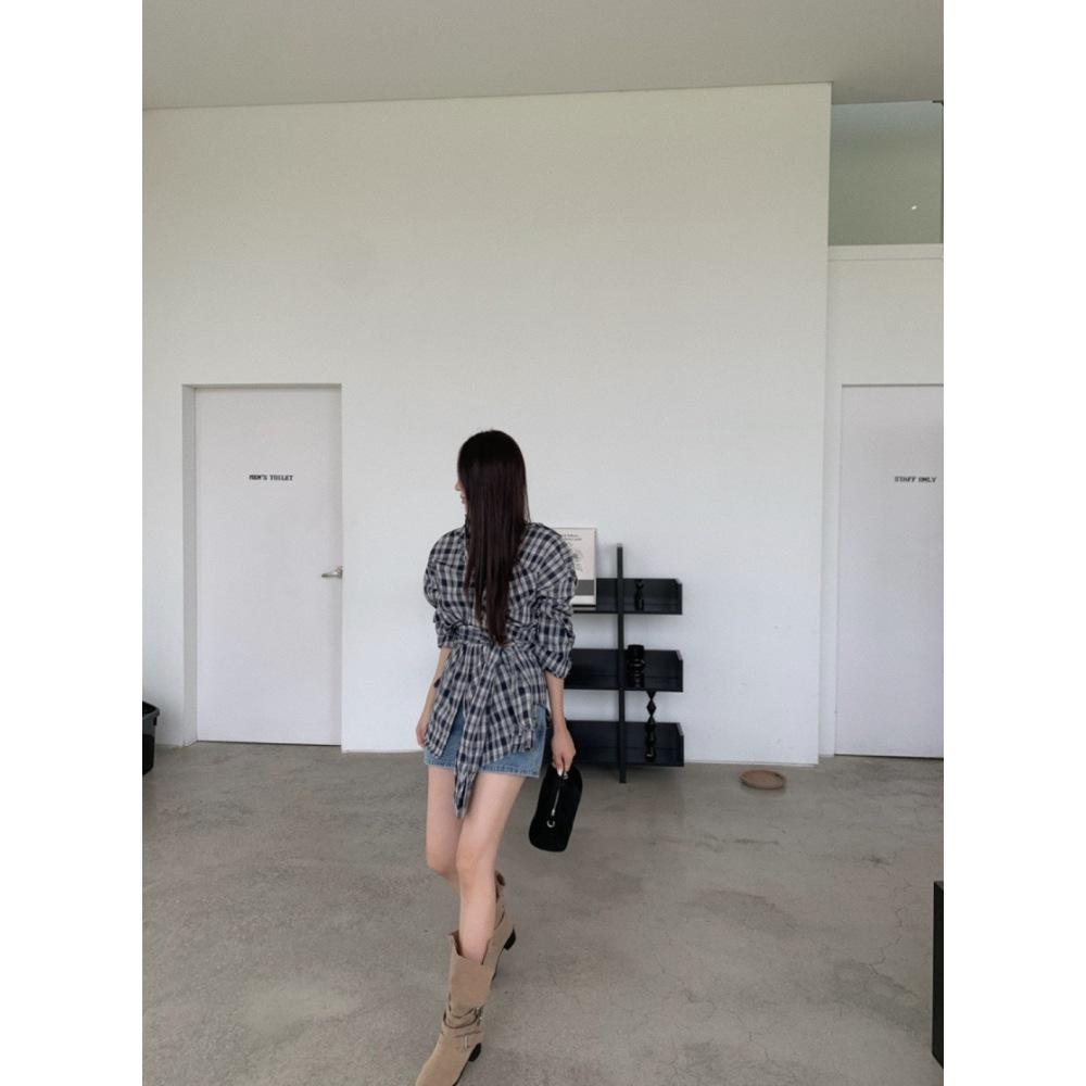 Women's Retro Plaid Long Sleeve Shirt with Tie Waist and Lapel