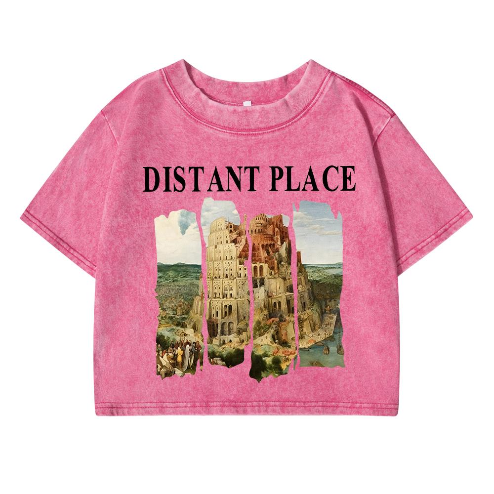 Distant Place Printing Women Washed Short Clothing Breathable Summer T-Shirt Street Fashion Tops O-Neck Short Sleeve