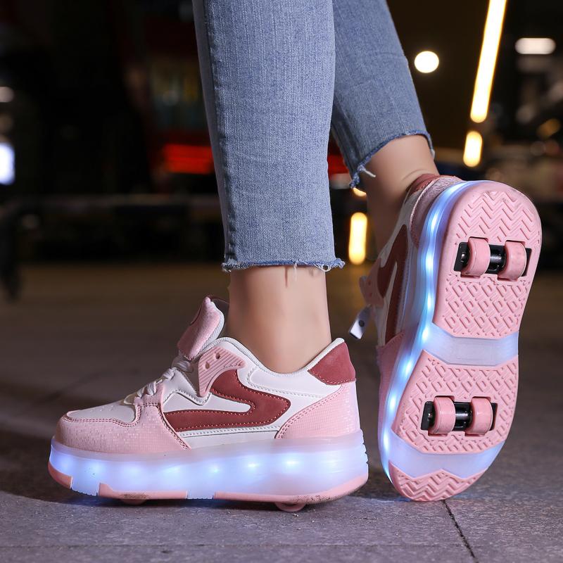 29-40 Kid's Lights Sports Shoes Rubbing Shoes Solid Magic Patch Can Charging Double-row Four-wheel Luminous Children Shoes