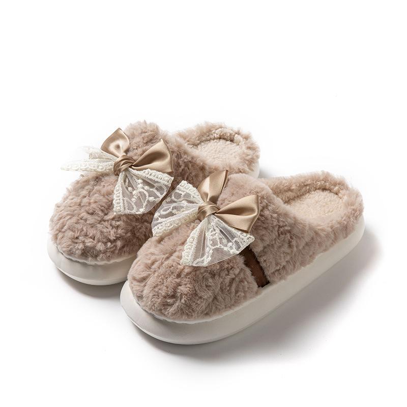 Bow-tie fluffy slippers  new autumn and winter home interior piled thickened warm non-slip cotton drag men