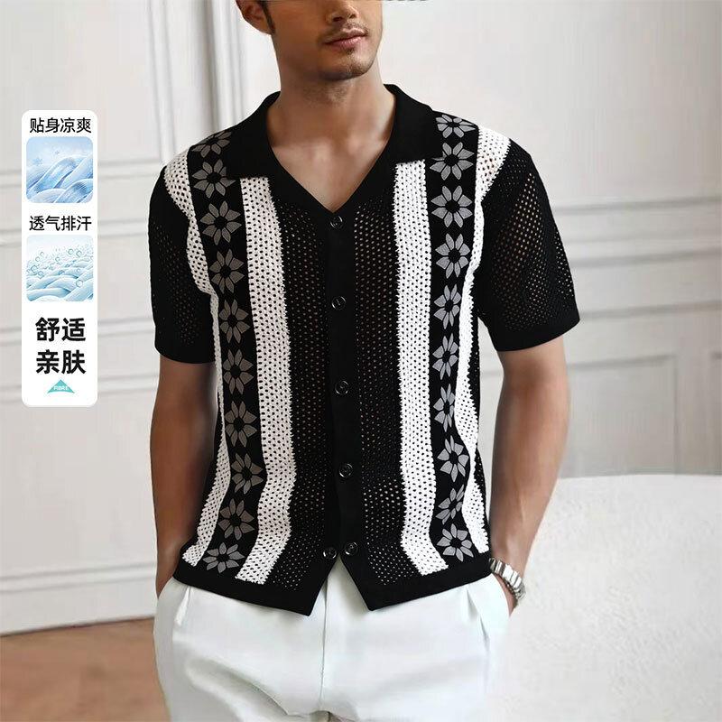Mens Floral Stripe Hollow Knit Short Sleeve Lapel Button Casual Shirt S чёрный