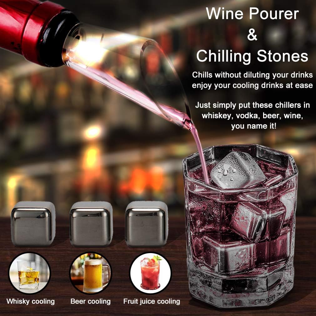 Wine Opener Electric Gift Set, Whiskey Stone Wine Lover Gifts with Wine Accessories of Automatic Corkscrew, Metal Ice Cube, Wine Pourer, Foil Cutter