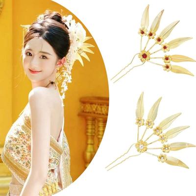 Flower Thai Hair Sticks Rhinestone Golden Hair Fork Retro Thai Metal Leaves Hairpin  Daily