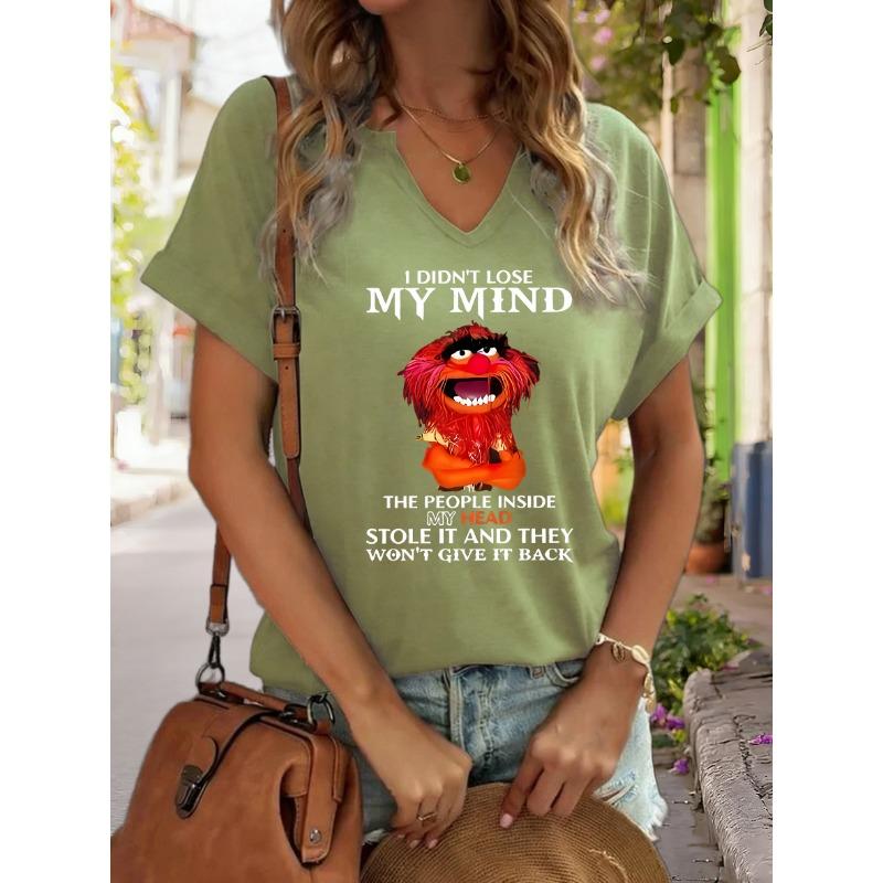 Women's V-Neck "I Didn't Lose My Mind" Graphic Tee, Funny Cartoon Print T-Shirt, Casual Short Sleeve Humor Top