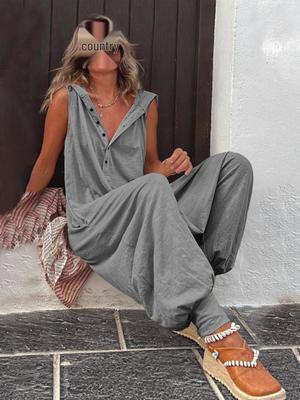 Tuta con Cappuccio Senza Maniche da Donna 2026 con Bottoni e Pantaloni Ampi