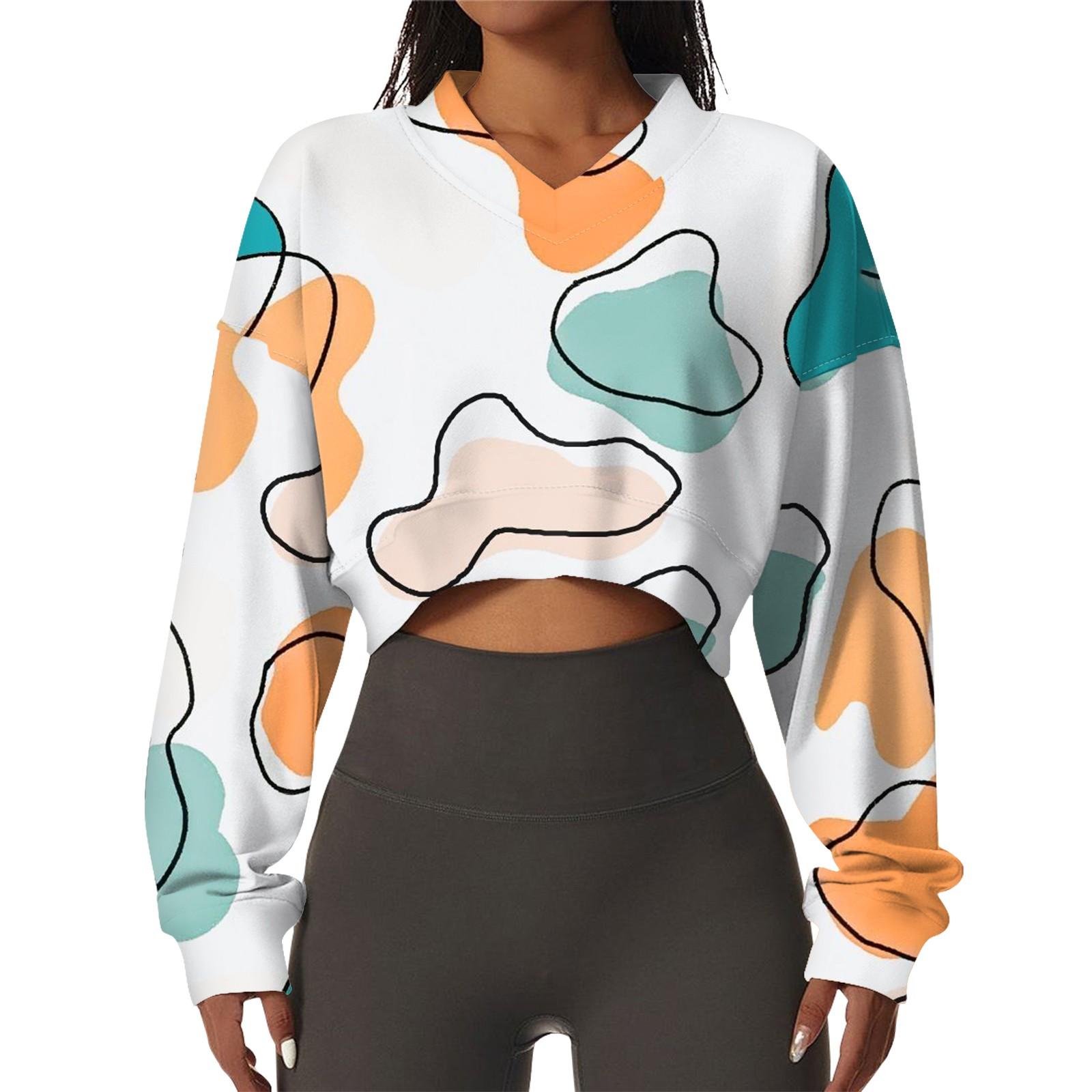

Женская повседневная модная сексуальная удобная спортивная толстовка с V-образным вырезом и длинным рукавом с геометрическим принтом XL