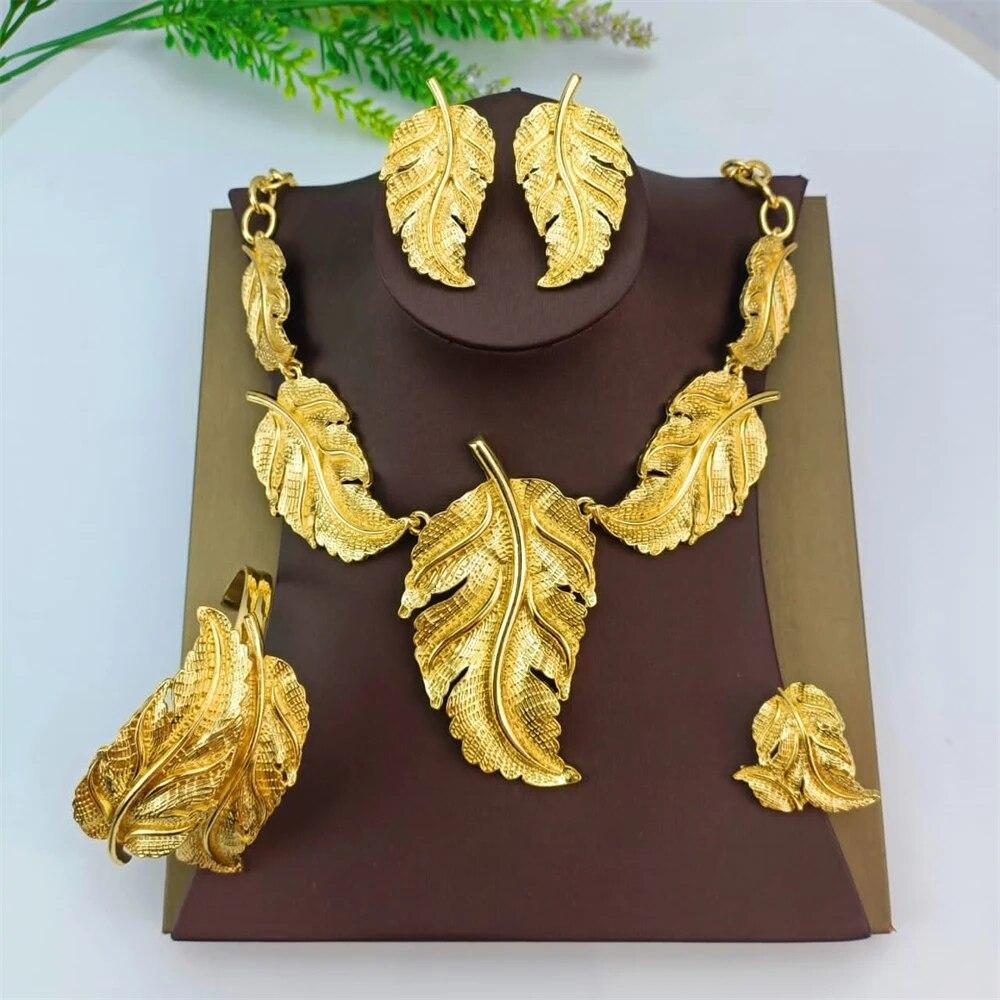 

Модный Дубайский позолоченный комплект ювелирных изделий, Африканская женщина, ожерелье с большим листом, браслет, кольцо, серьги, комплект аксессуаров для свадебной вечеринки
