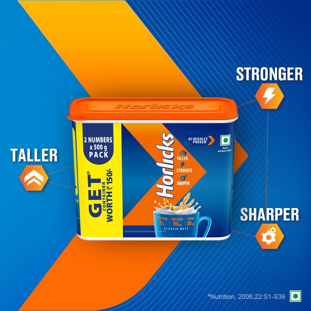 Horlicks Health And Nutrition Drink Classic Malt 500 g Combo Pack Of 2 With Free Container For Daily Growth And Immunity Support