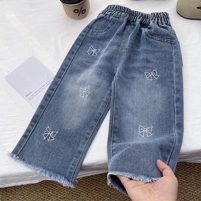 Girls' Soft Denim Washed Wide-Leg Jeans with Bowknot—Versatile Loose Fit for Baby Girls, Perfect for Spring and Autumn.