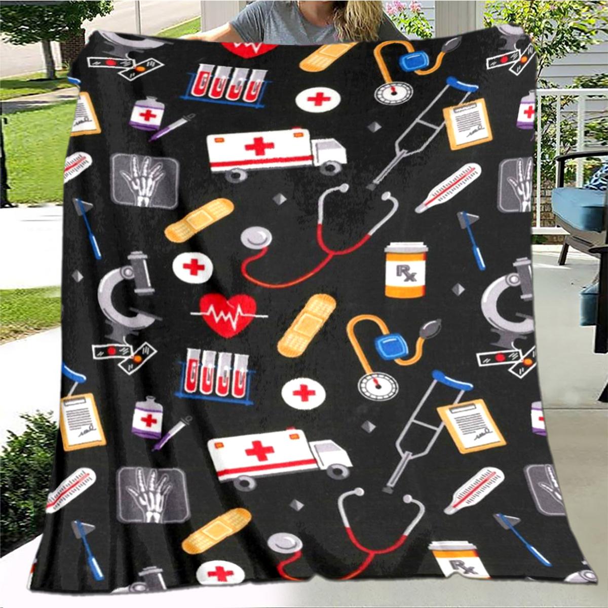 

1pc Doctor Medical Tools Printed Blanket Is Stylish, Soft and Warm - Perfect for Couches, Couches, Offices, Beds, Camping and Tr 70x100cm