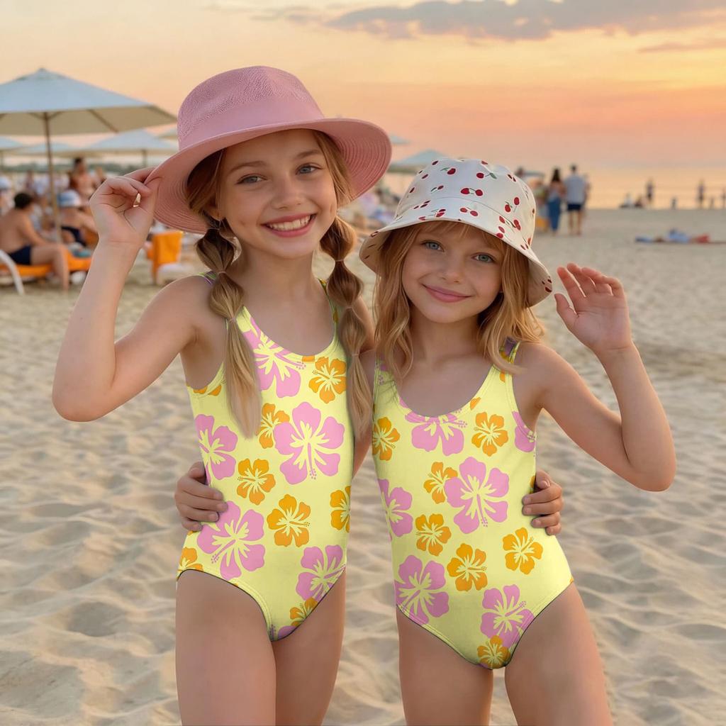 Girls Floral Print One Piece Swimsuit Summer Casual Kids Swimwear Lightweight Comfortable Fabric Suitable for Beach Pool Water Activities