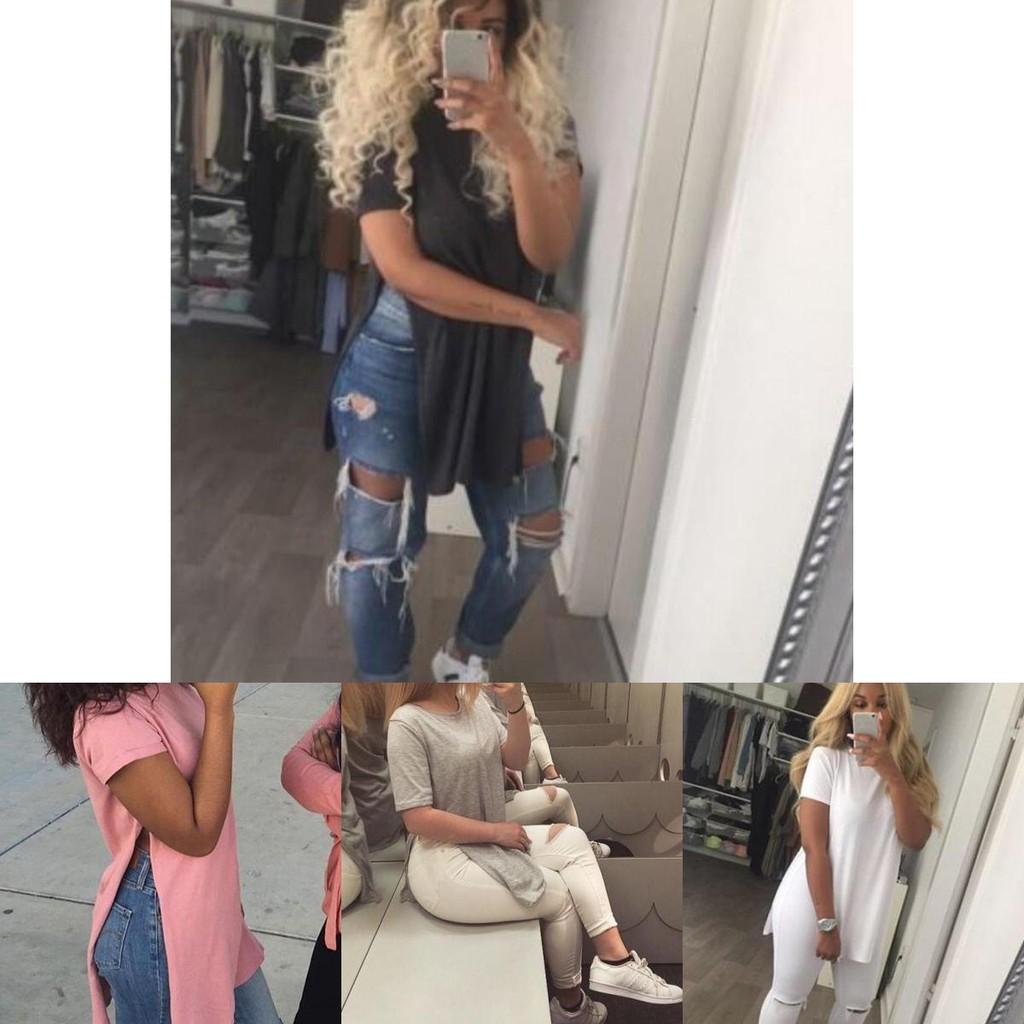 Women's Premium Quality Long T-shirt Round Neck Short Sleeve Split Tops Casual Dress