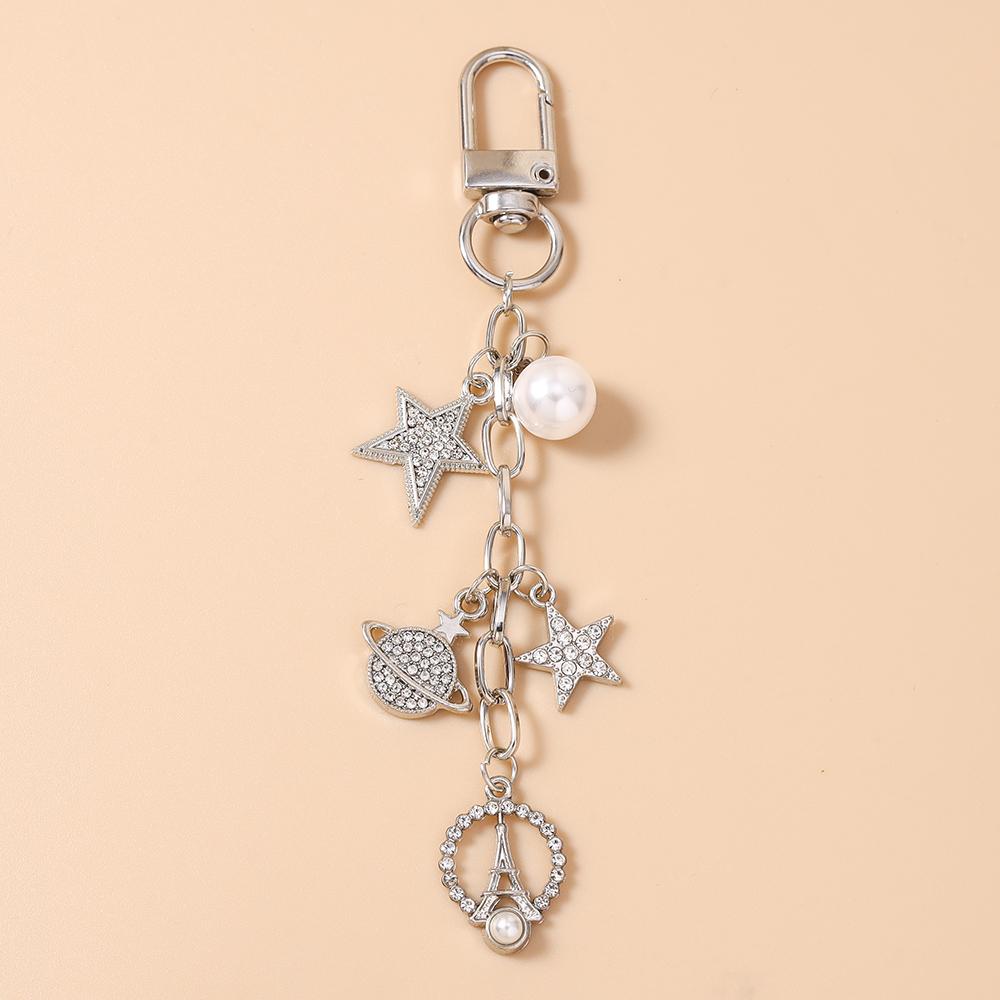 New Rhinestones Star Keychain Pearl Beaded Key Ring Pendants for Women Girls Handbag Decor DIY Handmade Jewelry Gifts