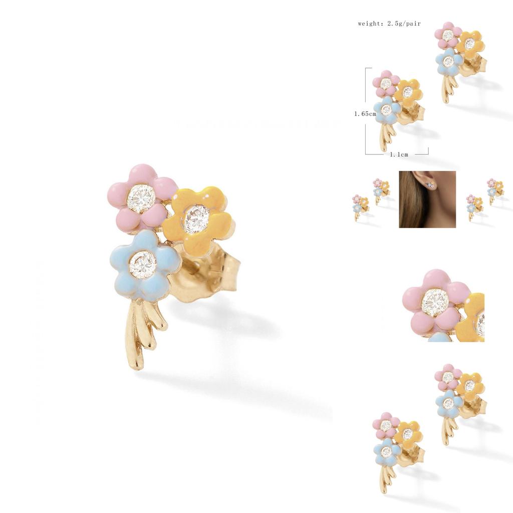 Elegant Alloy Flower Stud Earrings With Colorful Gemstones For Women