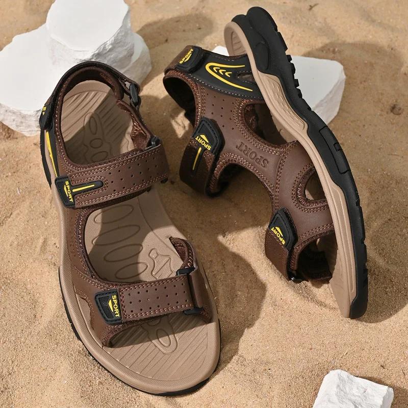 Handmade Mens Sandals Genuine Leather Sandals Men Outdoor Summer Shoes Casual Flats Lightweight Fashion Men Sneakers Beach Shoes
