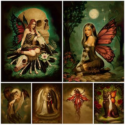 Friendship Between Angels and Demons Retro Art Poster Printing Mermaid and Butterfly Fairy Retro Wall Art Oil Painting