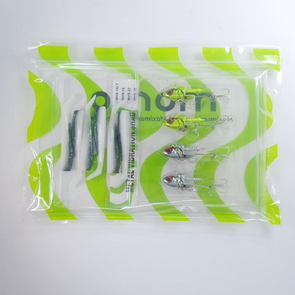 Momo Lures Sea Bass Lures and Metal Metal Vibration Shad Jig Shad Bodies Heads X 4 75mm Shad Set MVS-16, MVS-22, MVS-28 Jigs, Heads, (16g + 03)