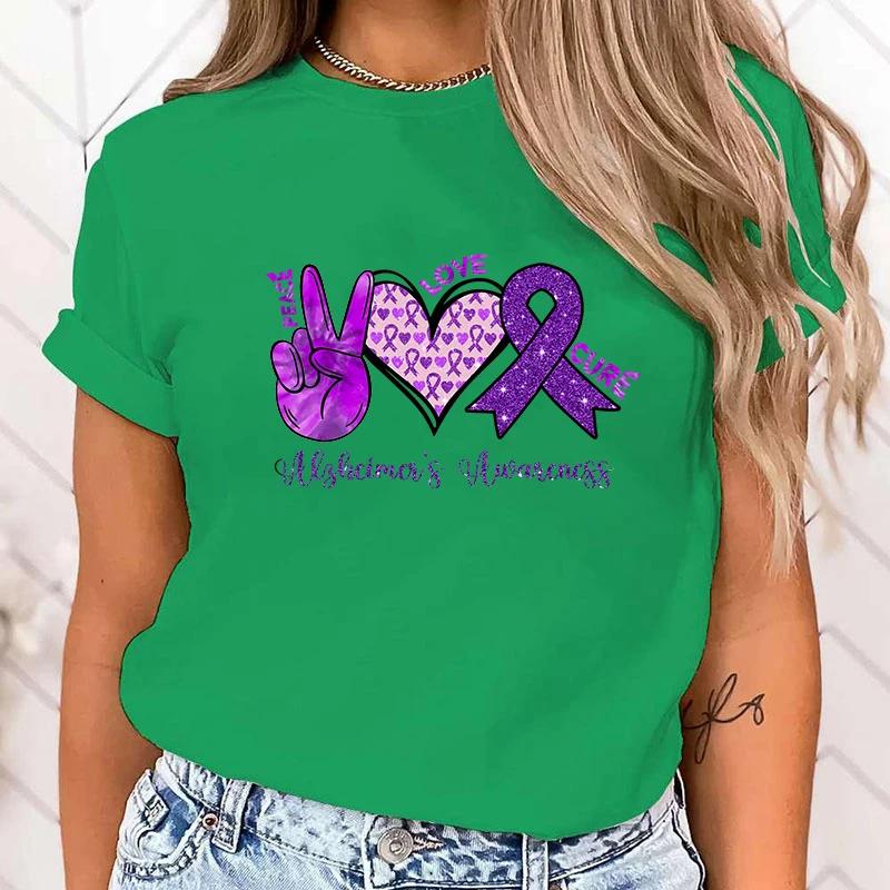 (High Quality T Shirt)New Hot Peace Love Cure Alzheimer'S Awareness T-Shirts Fashion Women Girls Summer Tee Shirt Casual T Shirt