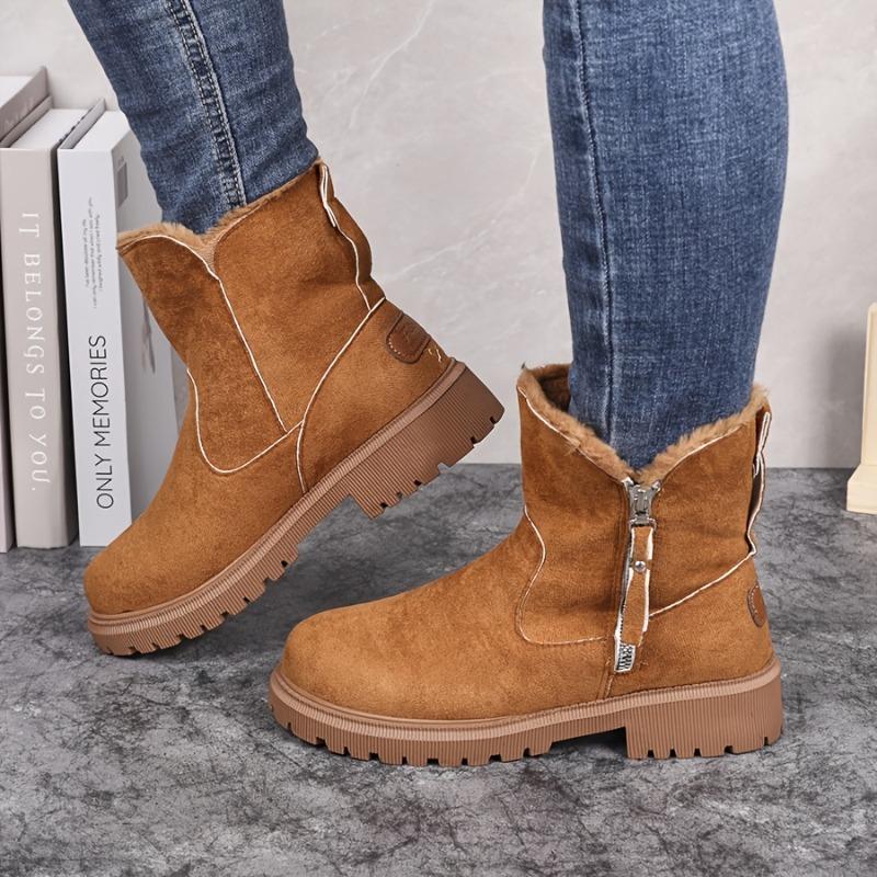 Women's Round-Toe Short Boots Plush Faux Thick Rubber Sole Chunky Heel Zipper Winter Casual Dressy Brown Booties for Jeans