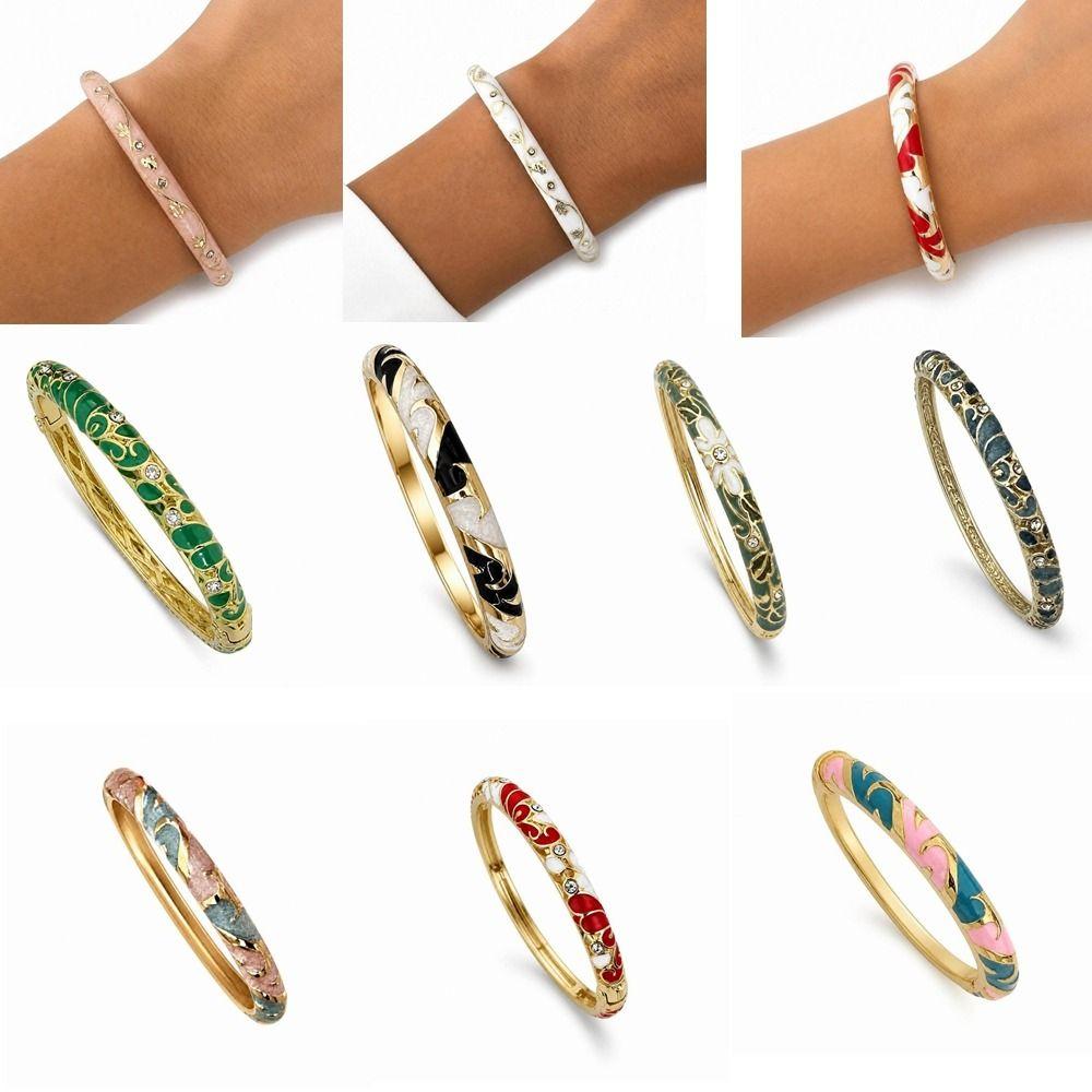 Enamel Vintage Cloisonne Bangle Classic Women's Hand Bracelet Dainty Flower Crystal Bangle Women
