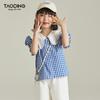 Summer Plaid Doll Collar Girls' Shirt - Blue/White, Short Sleeve, Versatile