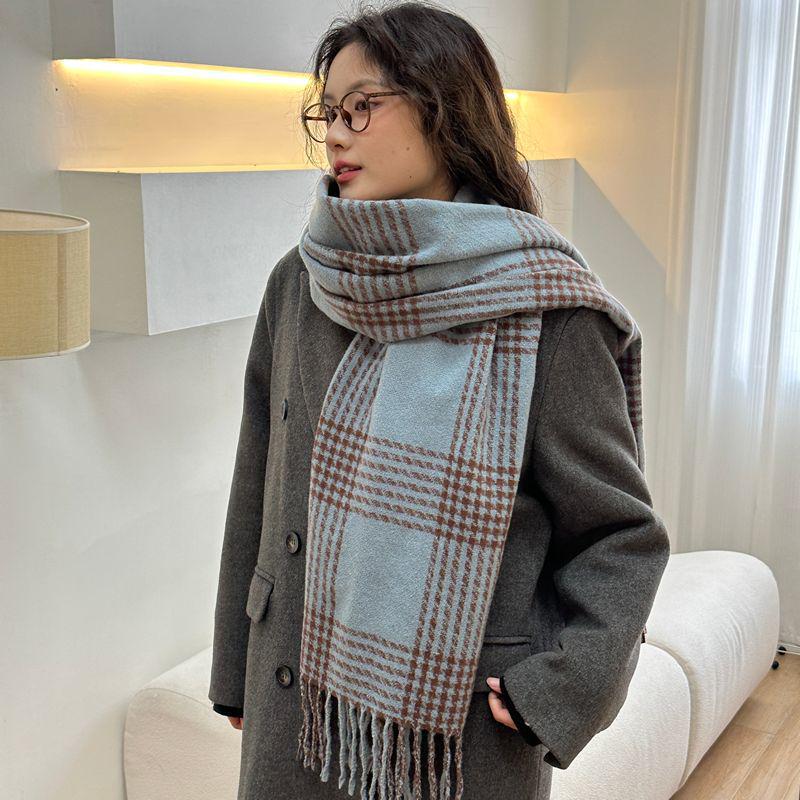 Women's Faux Cashmere Plaid Scarf - Korean Style, Thick & Warm Autumn/Winter Shawl