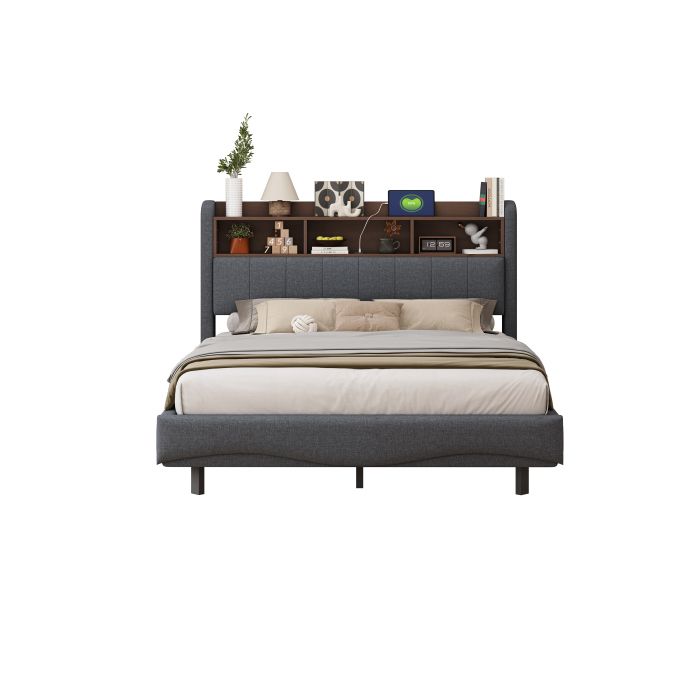 Pat de perete - MUVOE - 140x200 - Țesătură in gri - Depozitare cu iluminare LED - Porturi USB și Type-C