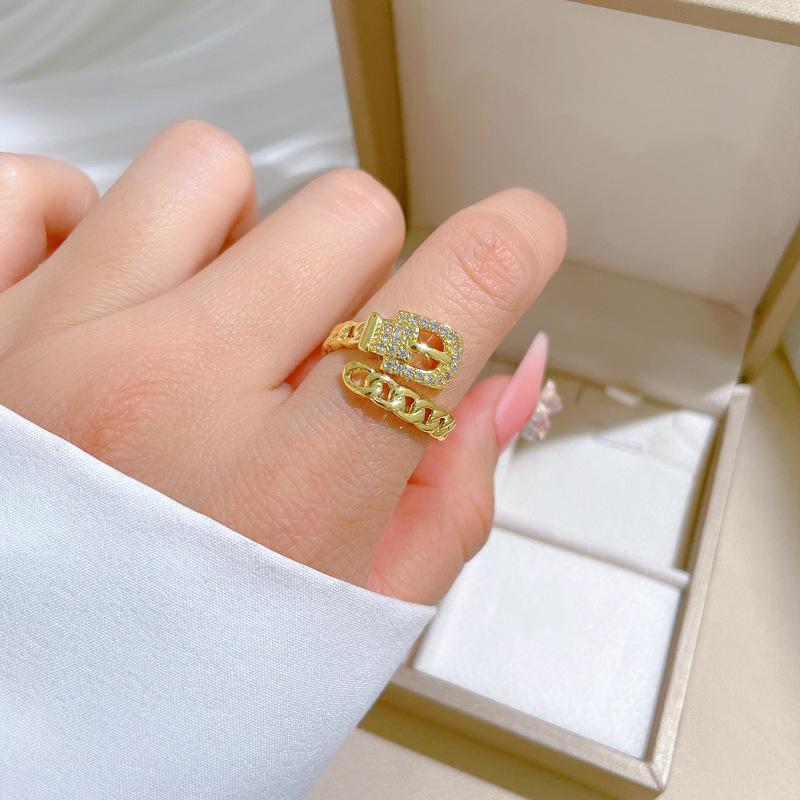 Real Gold Chain Belt Full Diamond Ring Opening Adjustable Simple Jewelry Japanese Ring Couple Ring