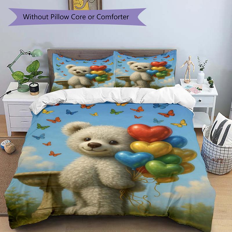3pcs Anime Teddy Bear Balloons Butterflies Bedding Set - Includes One Quilt Cover and Two Pillowcases (No Core) - Polyester Fabric, Perfect