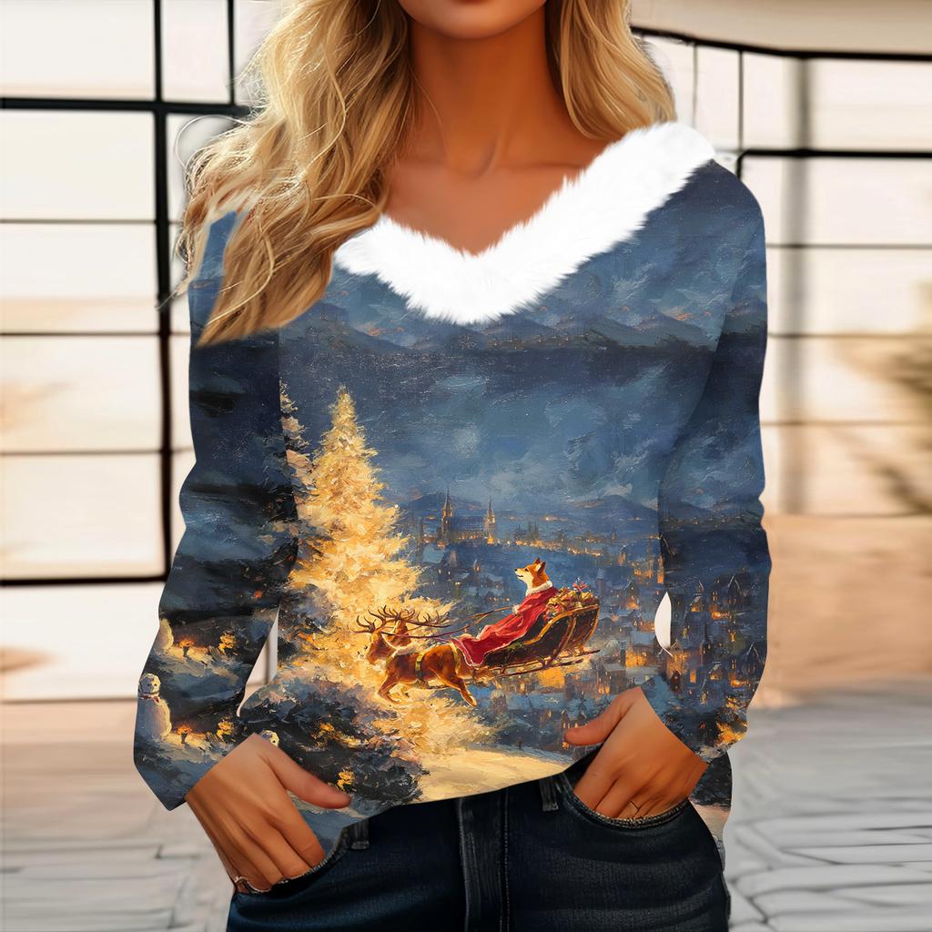 Women's Christmas Printed Long Sleeved Party Plush Neck V-neck Top