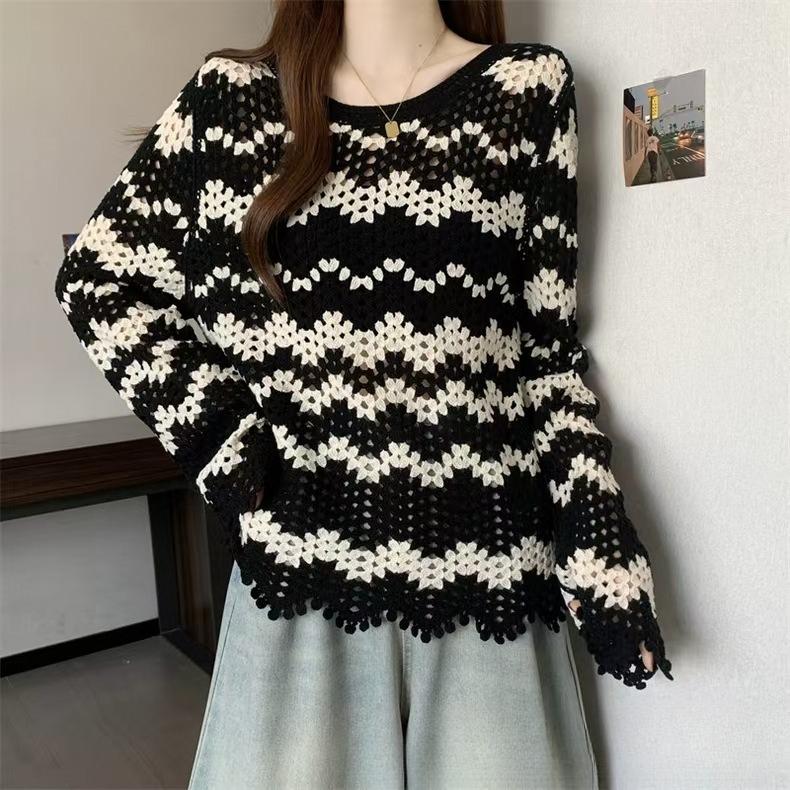 Bohemian Crochet Hollow Knit Sweater for Women Loose Color-Block Long-Sleeve Knit Pullover Top