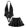 Women Patent Leather Lingerie Set Halter Top Deep V Leotard Crotch Opening Mini Skirt Rave Clubwear