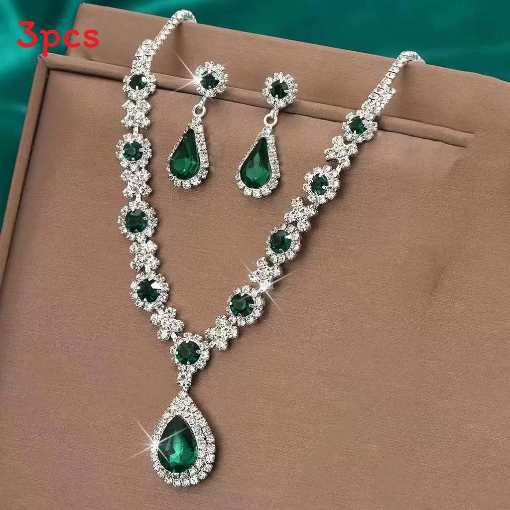 

Water Drop Bridal Jewelry Set With Rhinestone Earrings And Necklace For Elegant Wedding Accessories Green Two