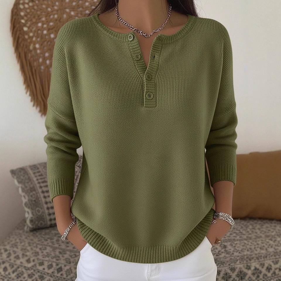 Women's Button Detail V-Neck Long Sleeve Knit Sweater Loose Fit Casual Pullover