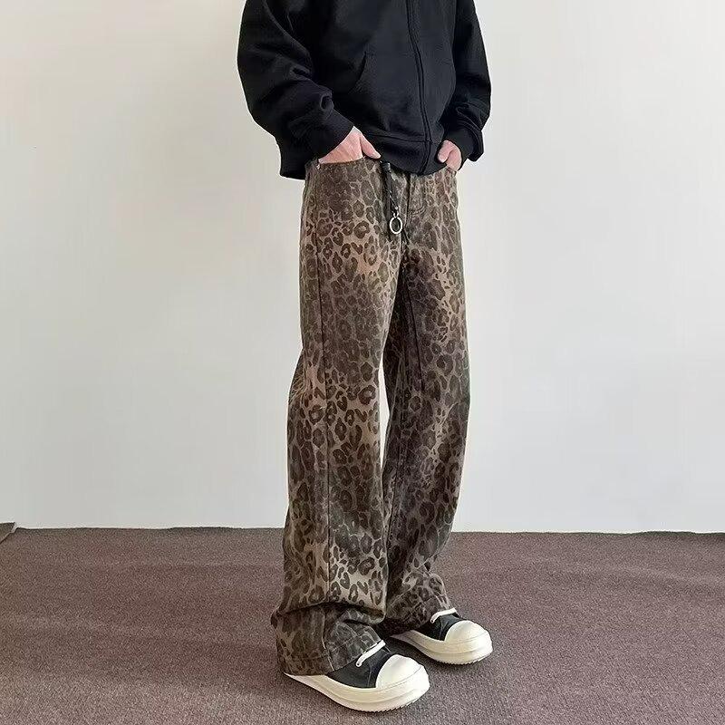 2024 Men's American Style Leopard Print Wide-Leg Casual Mopping Pants
