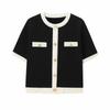 Women's European/American Color Block Knit Top, Round Neck, Short Sleeve, Autumn Collection.
