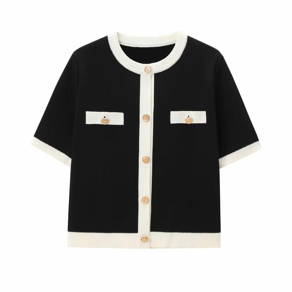 Women's European/American Color Block Knit Top, Round Neck, Short Sleeve, Autumn Collection.