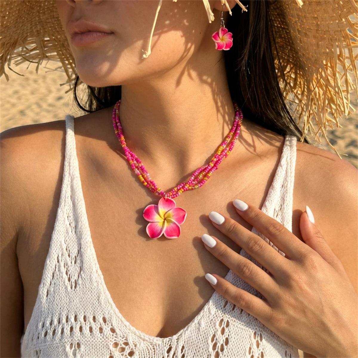 

Boho Soft Polymer Clay Flower Necklace Earrings Set For Women Men Yellow Rice Beaded Floral Beach Wedding Vacation Zircon Set