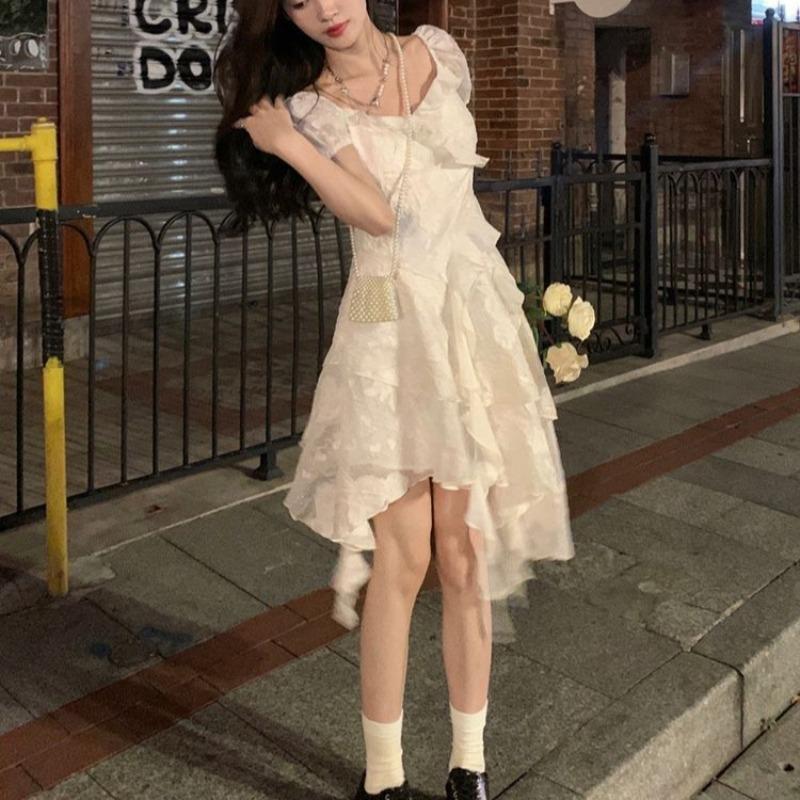 French Temperament First Love White Dress Women's Summer New Waist and Thin Pure Desire Ruffle Edge Irregular Skirt