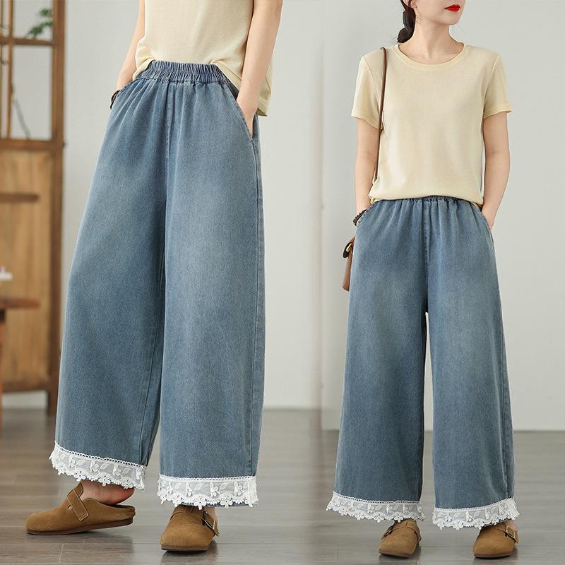 Lace Splicing Wide Leg Jeans Female Loose Plus Size Casual Straight Pants for Women Summer Denim Pants 2025