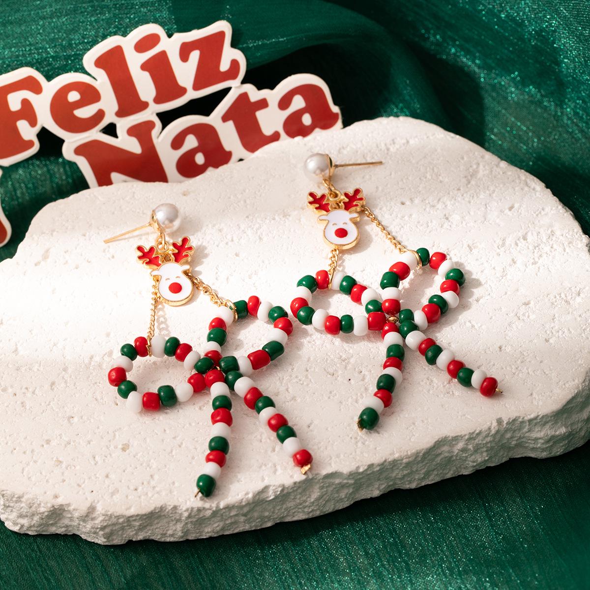 

European & American Santa Claus Beaded Pendant Earrings with Christmas Bow for Women
