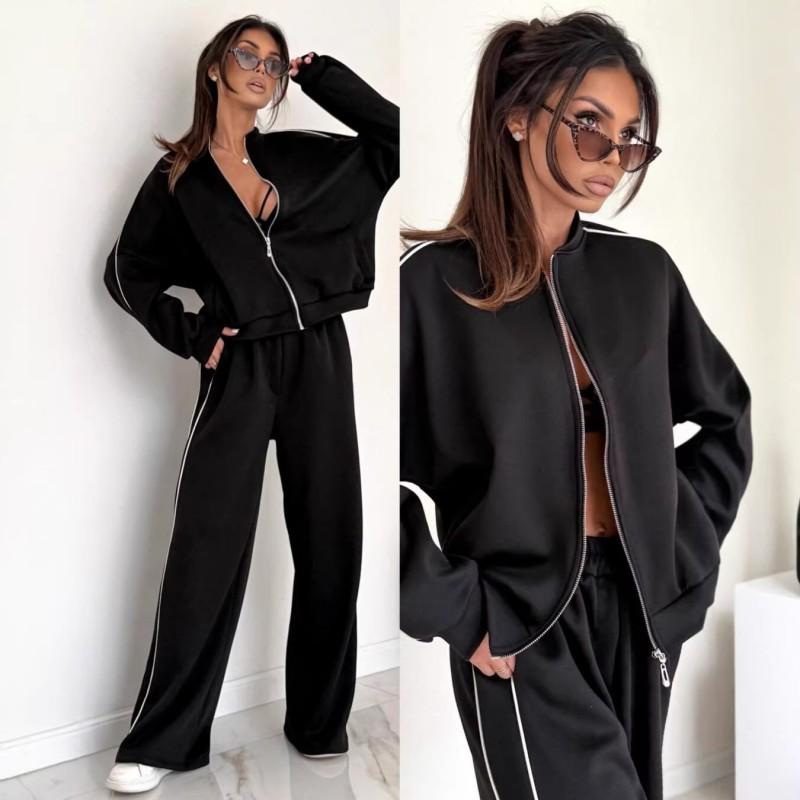 Modische Damen Freizeit Linie Farbe Block Reißverschluss Pullover Anzug Locker Gerade Hose Zweiteilig