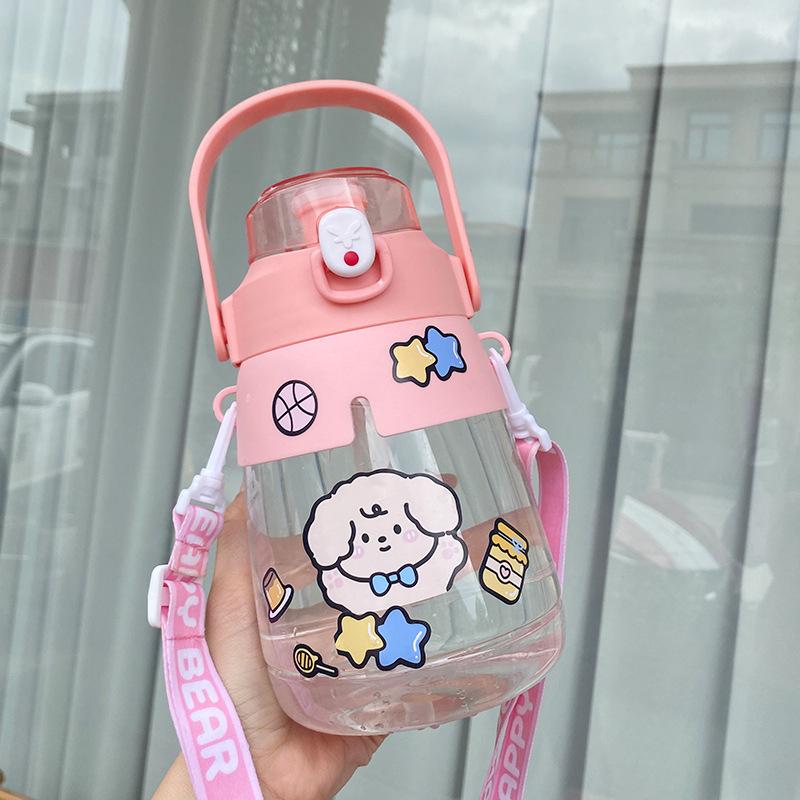 Water Bottle Internet Celebrity Large Capacity Big Belly Cup Girls Children Straw Cup Cute Sticker Hand Strap Plastic Cup