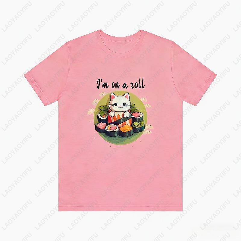 

Cute Japan Cat Adult Cotton Tshirt Sushi And Ramen Foodies Tee Im on A Roll Lucky Kawaii Oneck Printed Unisex Tops Ropa Mujer S