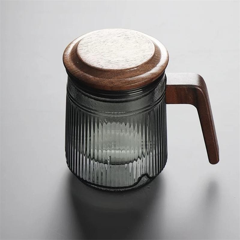 400ML Stripe Heat Resistant Glass Tea Water Separation Tea Cup With Wood Handle Brewing Flower Puer Cups Kung Fu Tea Mug Set