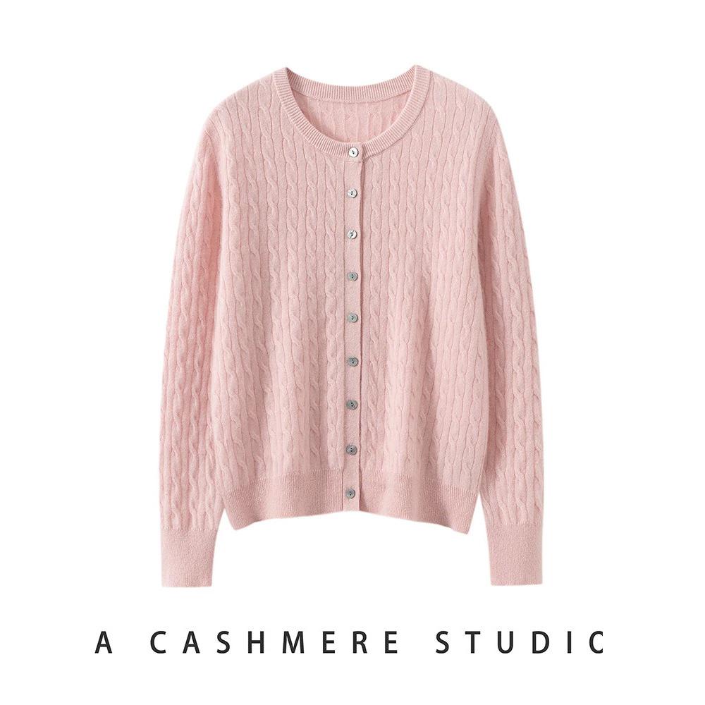 Women's Pure Cashmere Cardigan - Round Neck, Solid Color, Loose Fit, Long Sleeve Knit Sweater