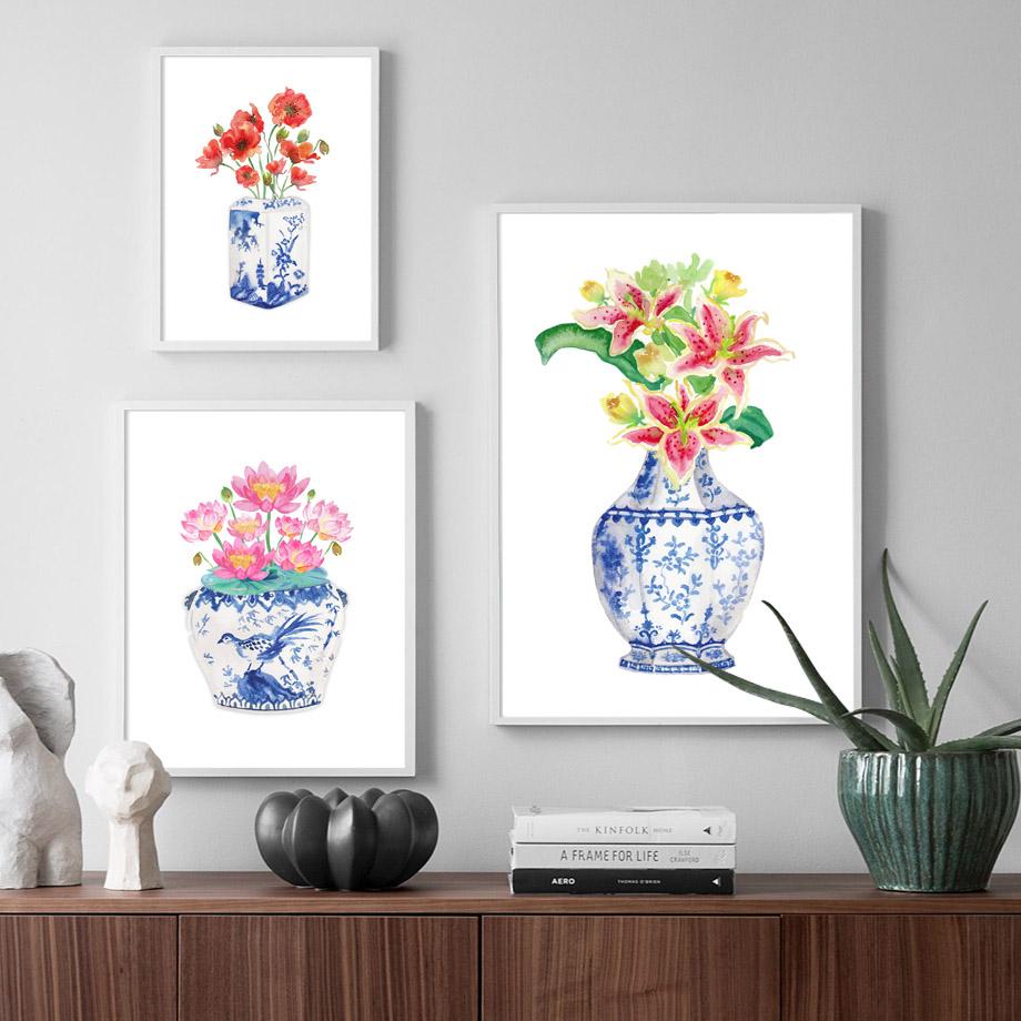 Nordic Minimalist Canvas Picture Blue and White Porcelain Painting Watercolor Posters and Prints for Living Room No Frame