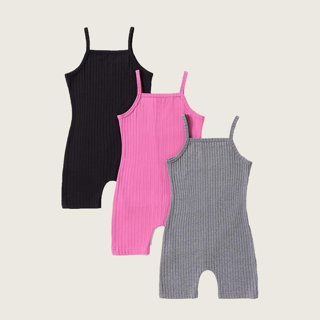 Girls Ribbed Knit Sleeveless Jumpsuit Set 3 Pack Stretchy Soft Fabric Comfortable Fit Casual One-Piece Outfit for Toddlers and Kids