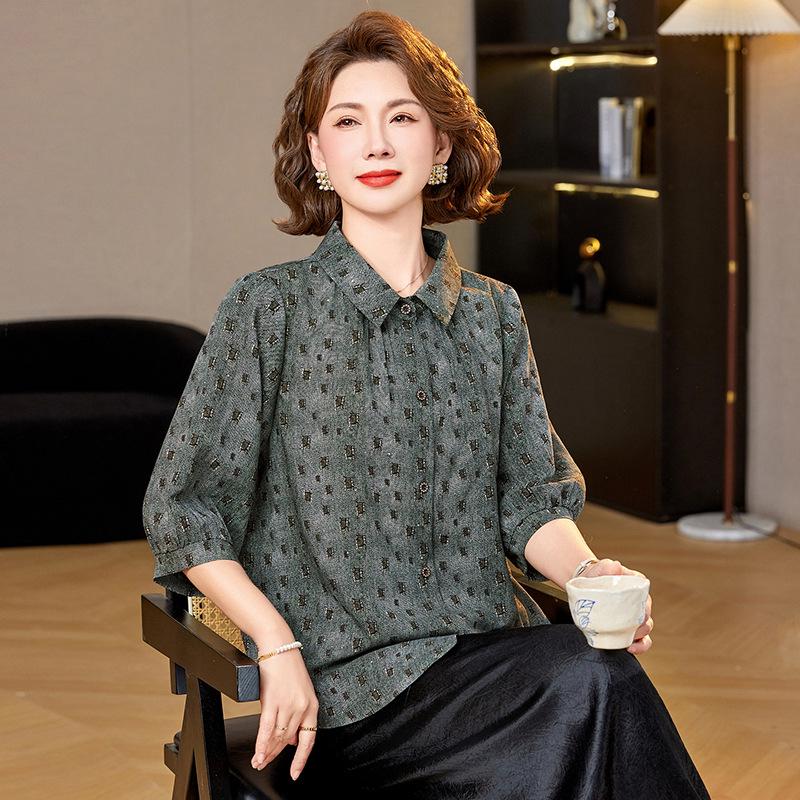 

Floral Print Top for Middle-Aged and Elderly Women, Spring/Summer, 3/4 Sleeve, Loose Fit, Versatile, Elegant Shirt 4XL (130-145 lbs) темно-зеленого